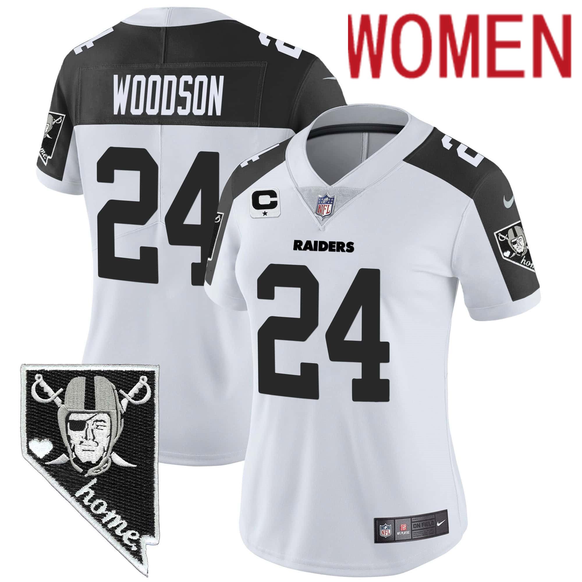 Women Oakland Raiders #24 Woodson White 2024 Nike Nevada Home Patch Vapor NFL Jersey style 1
